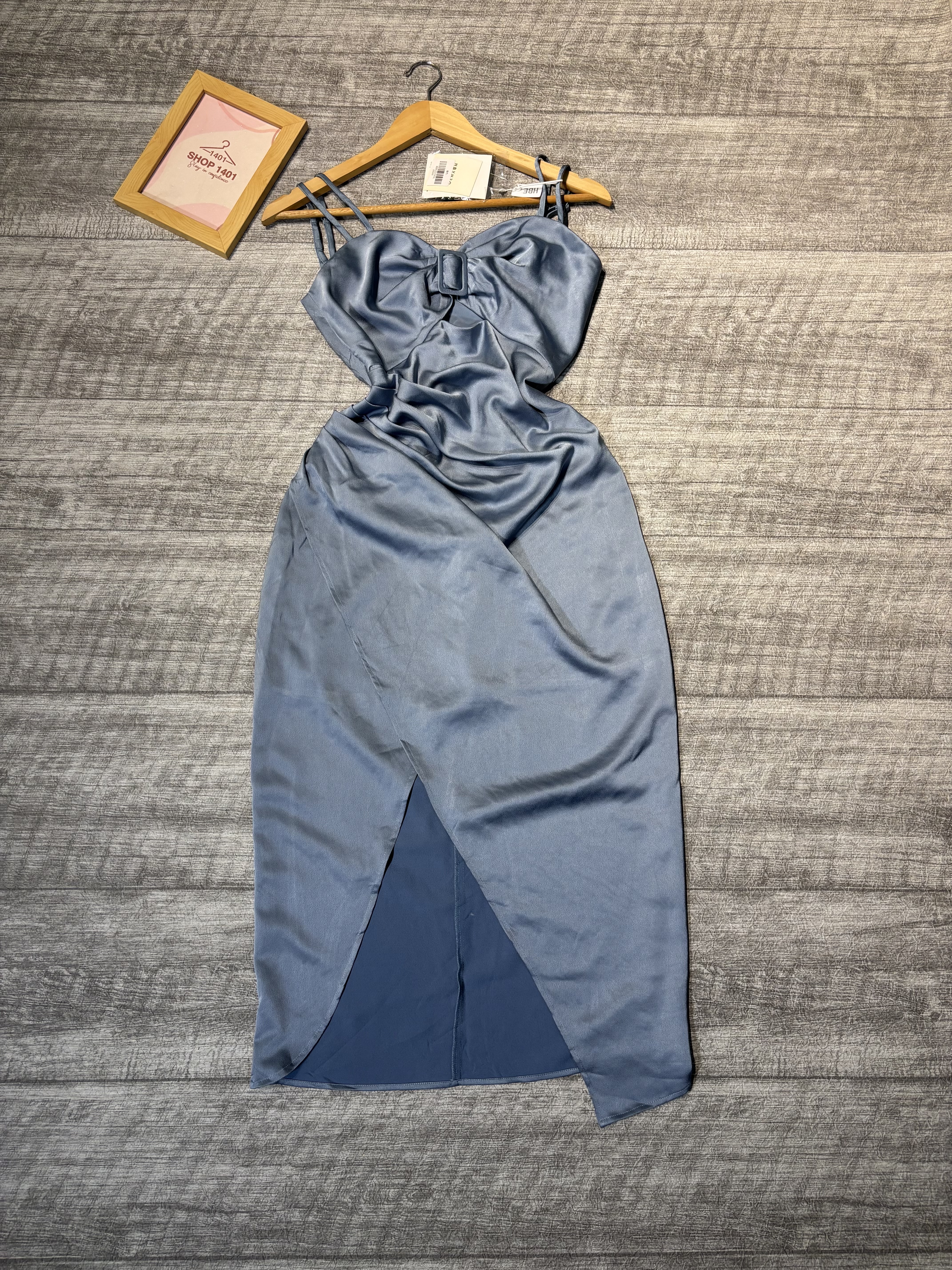Steel Blue Satin Drape Dress